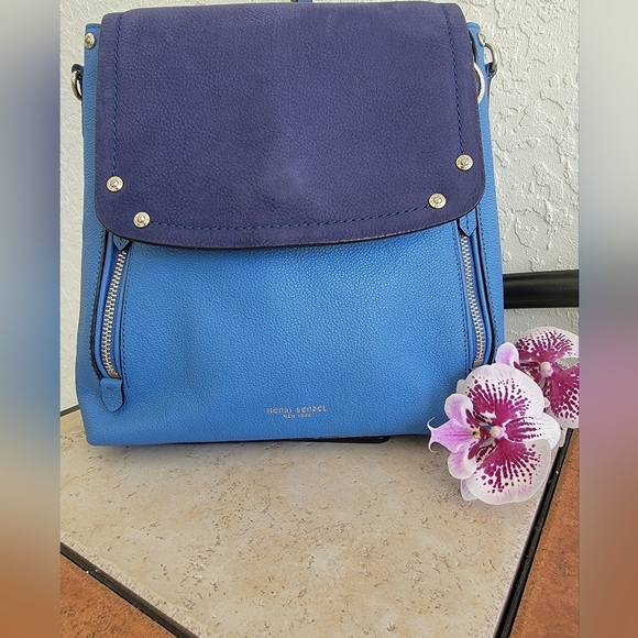 Henri Bendel Convertable Backpack In Pebble Grain Perriwinkle Leather/Navy Suede - Picture 6 of 16